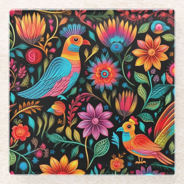 Mexican colorful floral pattern glass coaster (Front)