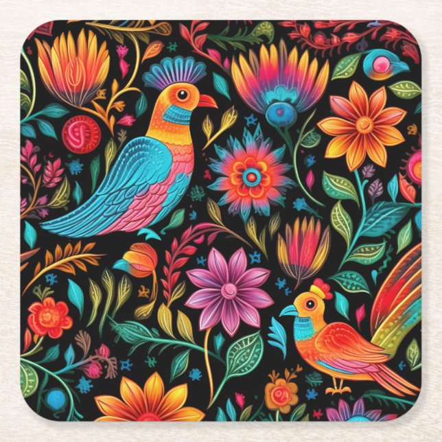Mexican colorful floral pattern square paper coaster (Front)