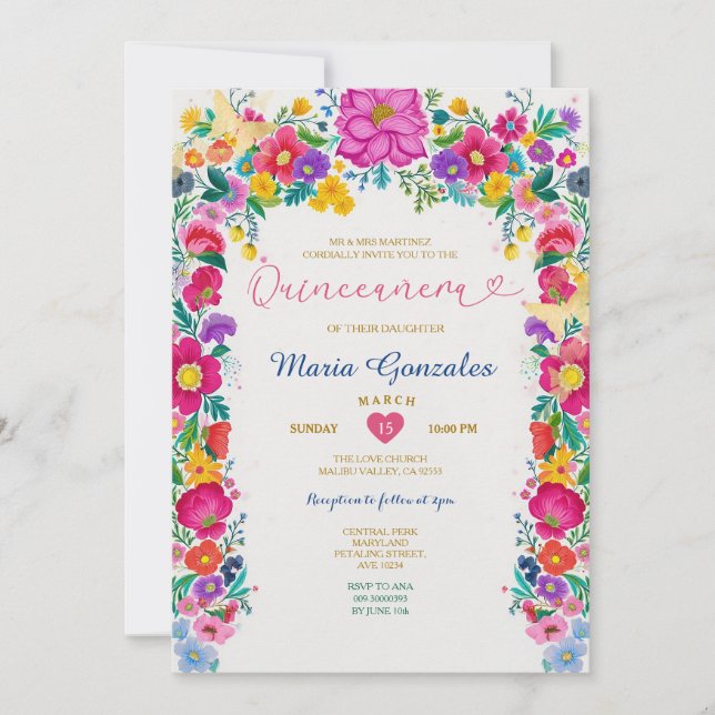 Mexican Colorful Flowers Floral Quinceañera Invitation (Front)