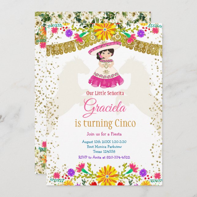 Mexican Colorful Flowers with Gold Glitter  Invitation (Front/Back)