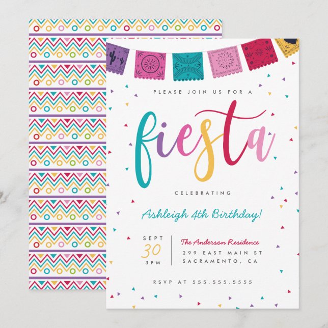 Mexican Colorful Script Fiesta Kids' Birthday Invitation (Front/Back)