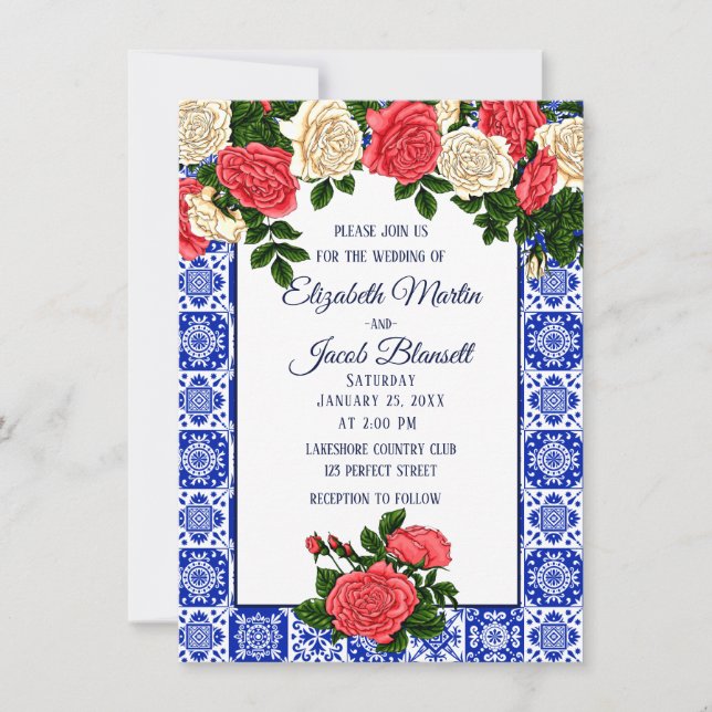 Mexican Coral and Cream Wedding Top roses Invitation (Front)