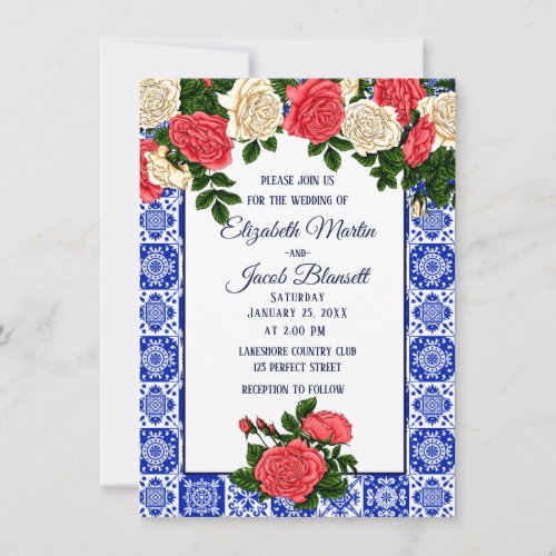 Mexican Coral and Cream Wedding Top roses Invitation