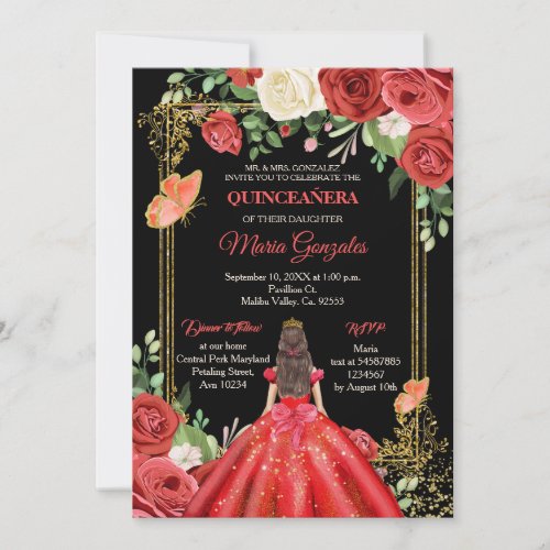 Mexican Coral Red Princess Quinceanera Butterfly  Invitation