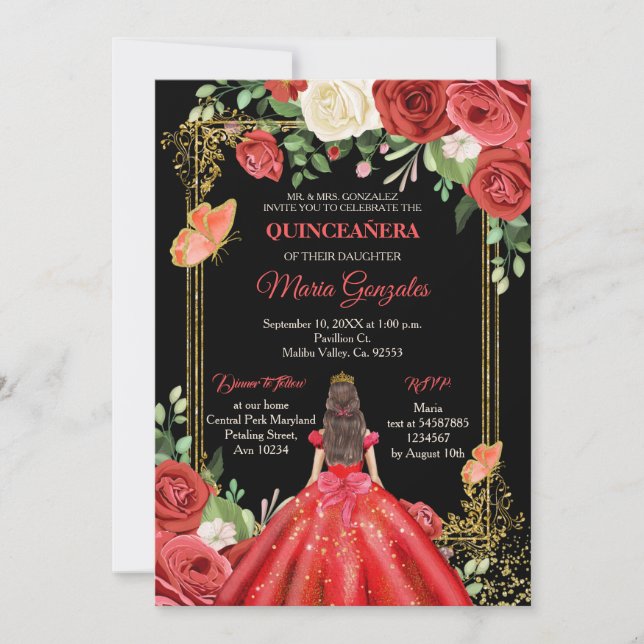 Mexican Coral Red Princess Quinceanera Butterfly  Invitation (Front)