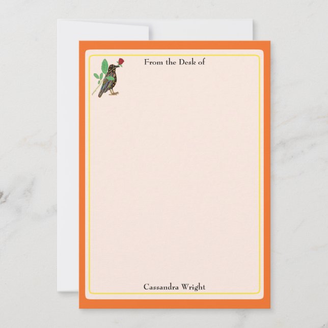 Mexican Crow & Rose Orange Personalized Stationery Note Card (Front)