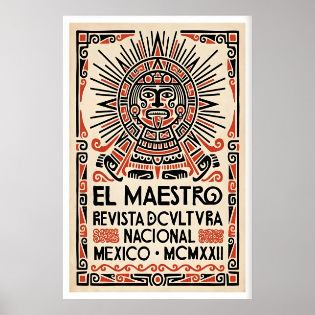 Mexican Culture Poster Stylized Aztec Face - Red (Front)