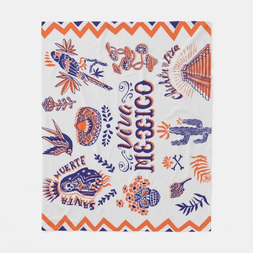 Mexican Culture Symbols Vintage Card Fleece Blanket
