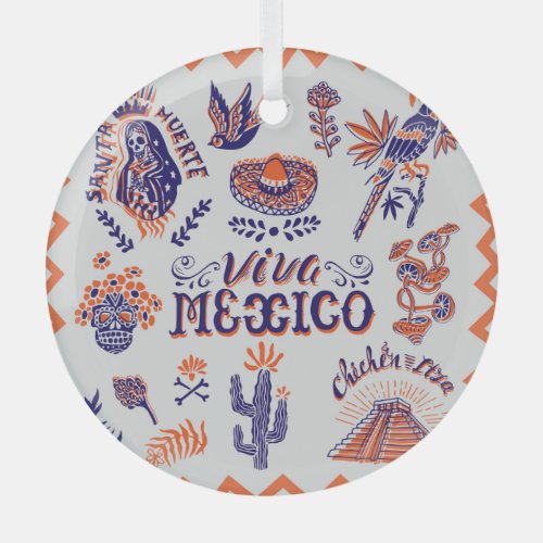 Mexican Culture Symbols Vintage Card Glass Ornament