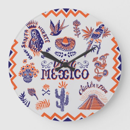 Mexican Culture Symbols Vintage Card Large Clock