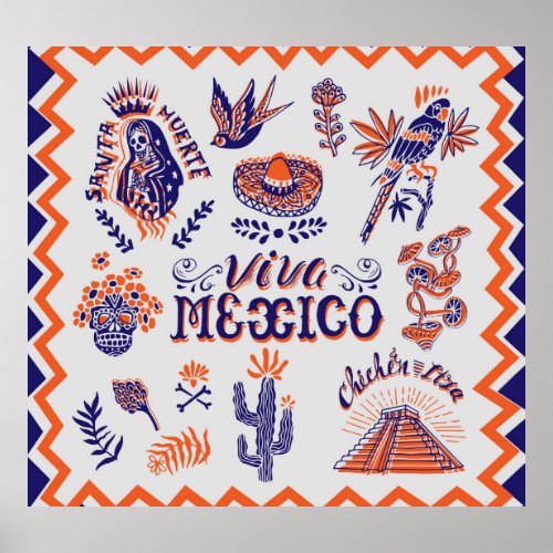 Mexican Culture Symbols Vintage Card Poster