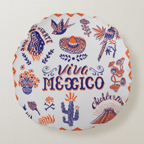Mexican Culture Symbols Vintage Card Round Pillow