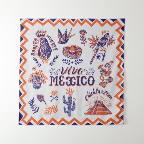 Mexican Culture Symbols Vintage Card Tapestry