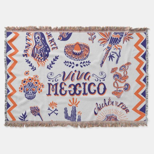 Mexican Culture Symbols Vintage Card Throw Blanket