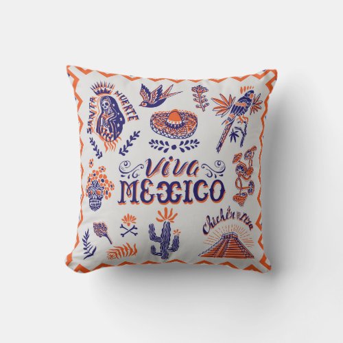 Mexican Culture Symbols Vintage Card Throw Pillow
