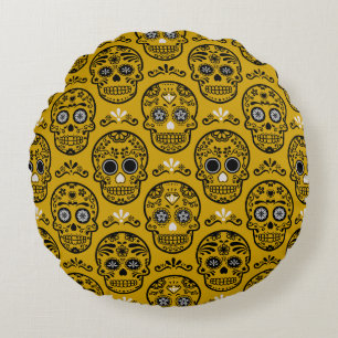 Mexican Day of the Dead Calavera Floral Skull Folk Round Pillow
