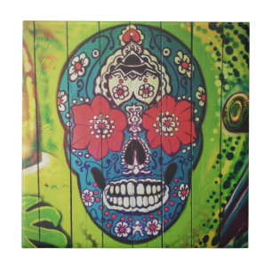 Mexican DAY of the DEAD graffiti skull art Tile