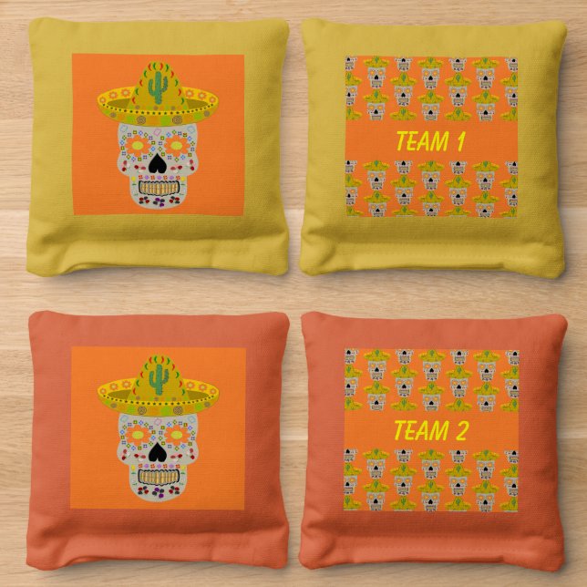 Mexican Day of the Dead Skull Custom Cornhole Bags (Wood)