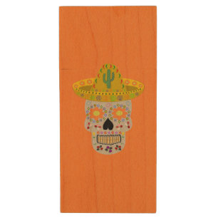 Mexican Day of the Dead Skull Custom Wood Flash Drive