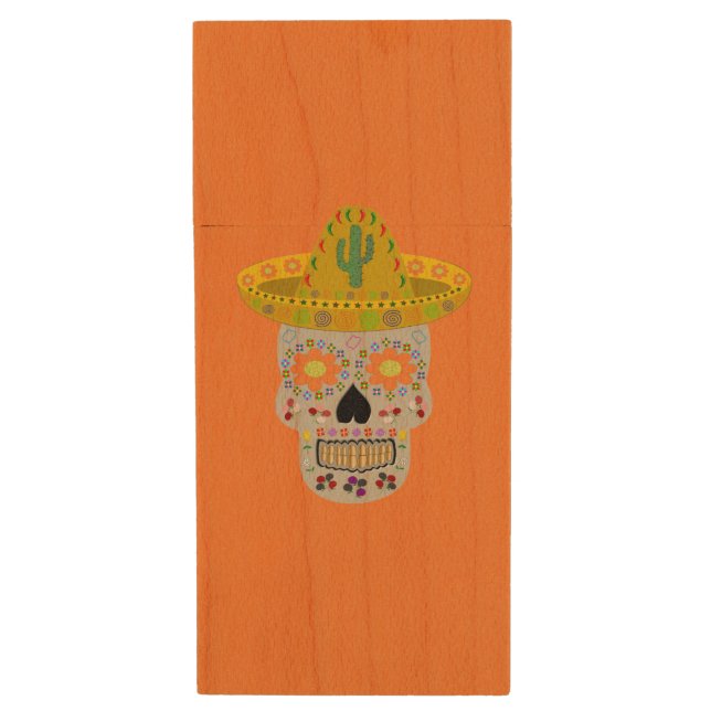 Mexican Day of the Dead Skull Custom Wood Flash Drive (Front Vertical)