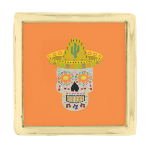 Mexican Day of the Dead Skull Gold Finish Lapel Pin