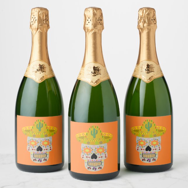 Mexican Day of the Dead Skull  Sparkling Wine Label (Bottles)