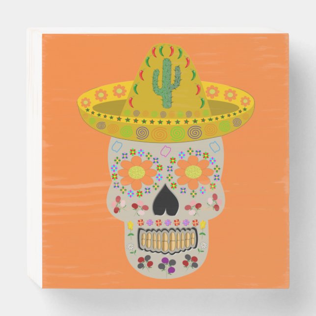 Mexican Day of the Dead Skull  Wooden Box Sign (Front Horizontal)