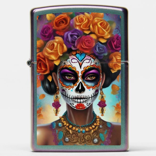 Mexican Day of the Dead Sugar Skull Girl Zippo Lighter (Front)