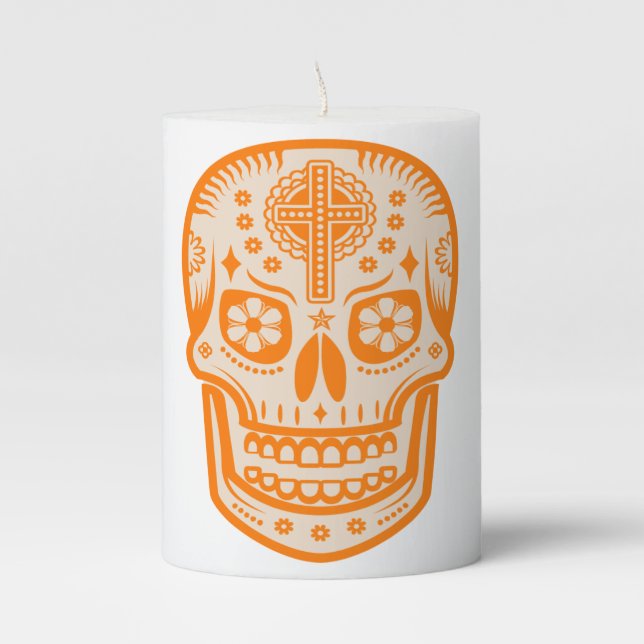 Mexican Day of the Dead Sugar Skull Pillar Candle (Front)