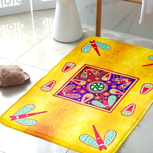 Mexican Decor Huichol Golden  Purple Art Patterns Bath Mat