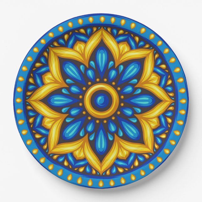 Mexican Design of Blue and Yellow Paper Plates (Front)