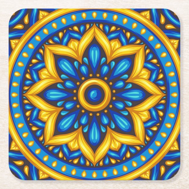 Mexican Design of Blue and Yellow   Square Paper Coaster (Front)