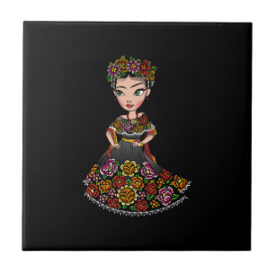 mexican doll with flowers ceramic tile