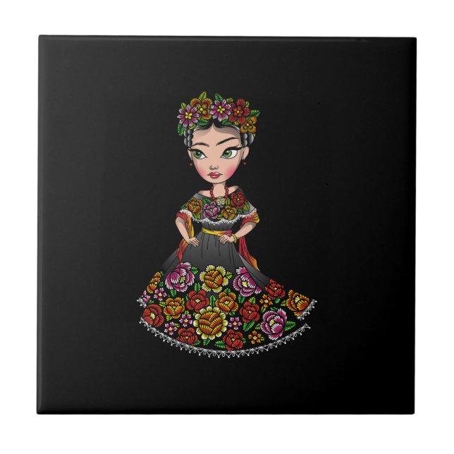 mexican doll with flowers ceramic tile (Front)