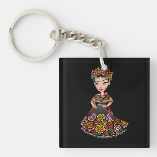 mexican doll with flowers keychain