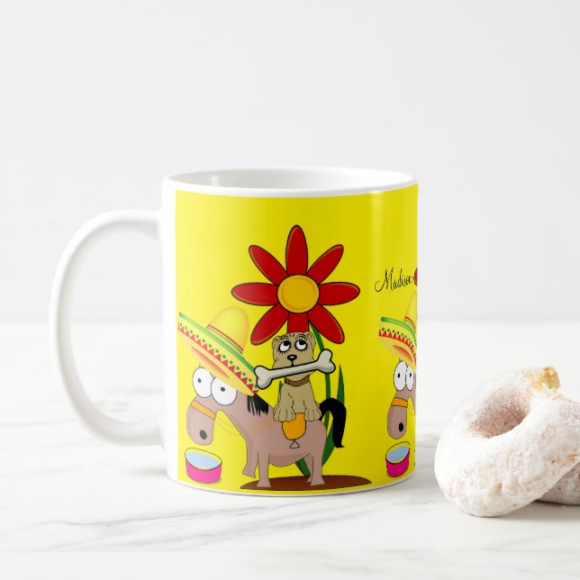 Mexican Donkey Dog Sombrero Yellow Mug (With Donut)