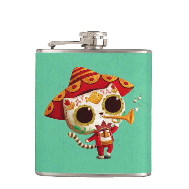 Mexican El mariachi Cute Cat Hip Flask (Front)