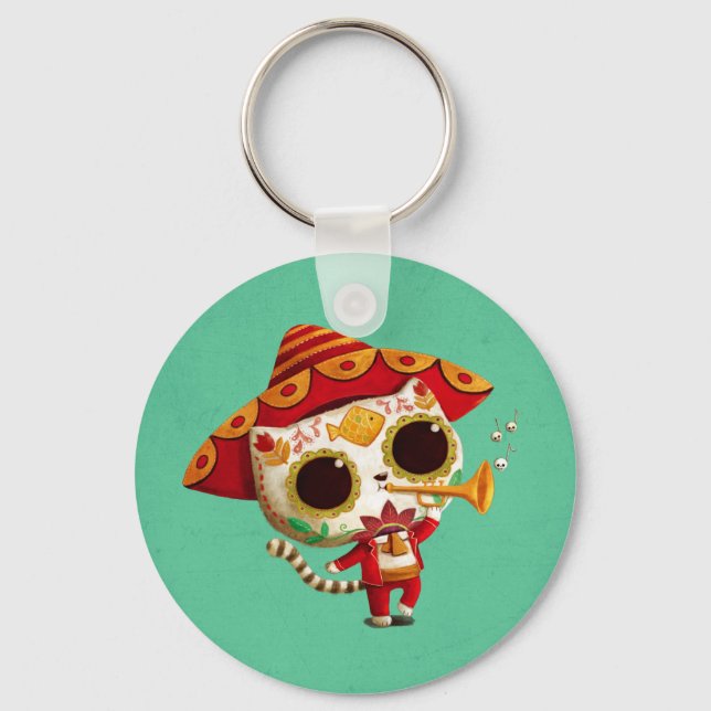 Mexican El mariachi Cute Cat Keychain (Front)