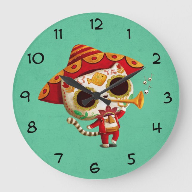 Mexican El mariachi Cute Cat Large Clock (Front)