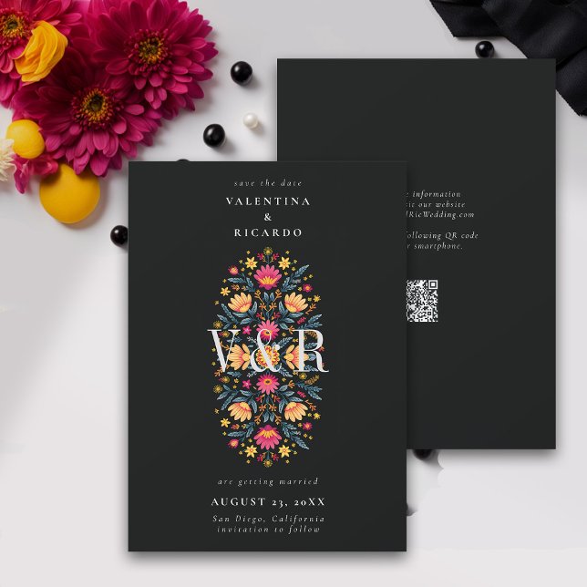 Mexican Elegant Modern Floral Rancho QR Wedding Save The Date (mexican wedding save the date fiesta rancho mexico hacienda floral elegant modern qr code monograms)