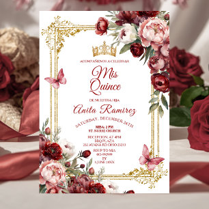 Mexican Elegant Red Roses Butterfly Quinceañera Invitation