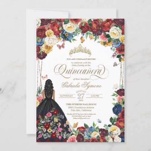 Mexican Embroidery Butterfly Floral Quinceanera In Invitation