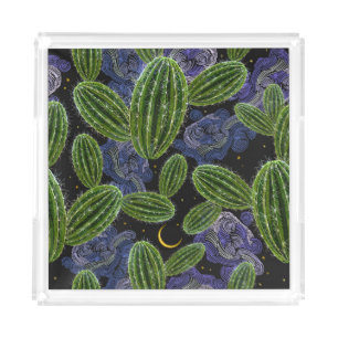 Mexican Embroidery: Cactus Night Seamless. Acrylic Tray