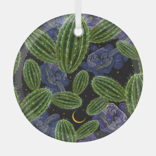 Mexican Embroidery: Cactus Night Seamless. Glass Ornament
