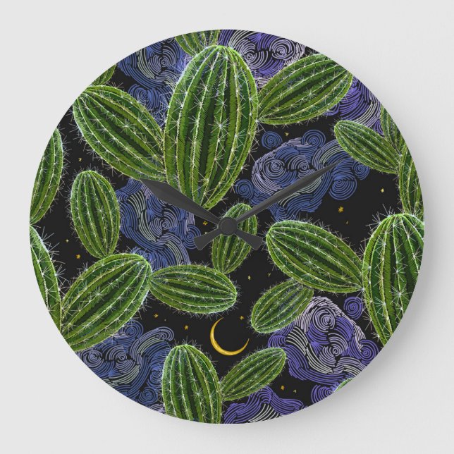 Mexican Embroidery: Cactus Night Seamless. Large Clock (Front)