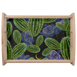 Mexican Embroidery: Cactus Night Seamless. Serving Tray