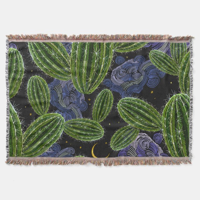 Mexican Embroidery: Cactus Night Seamless. Throw Blanket (Front)