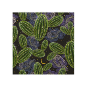 Mexican Embroidery: Cactus Night Seamless. Wood Wall Art