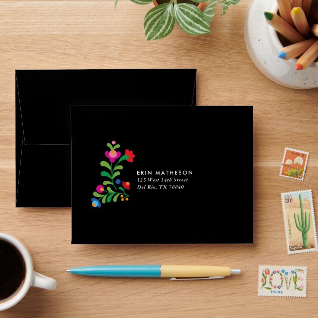 Mexican Embroidery Colorful Black RSVP Card Envelope (Desk)