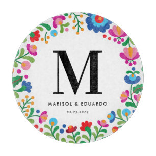 Mexican Embroidery Colorful Monogrammed Wedding Cutting Board